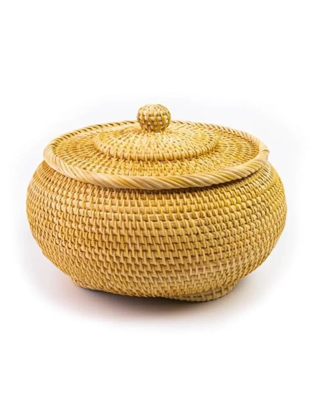 Hand-Woven Round Rattan Storage Basket with Lid Durable Wicker Box